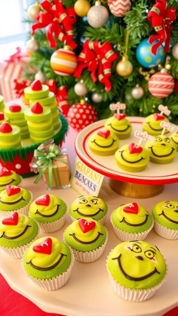 A colorful assortment of Grinch-themed snacks including fruit skewers, cupcakes, and cheese balls on a festive table.